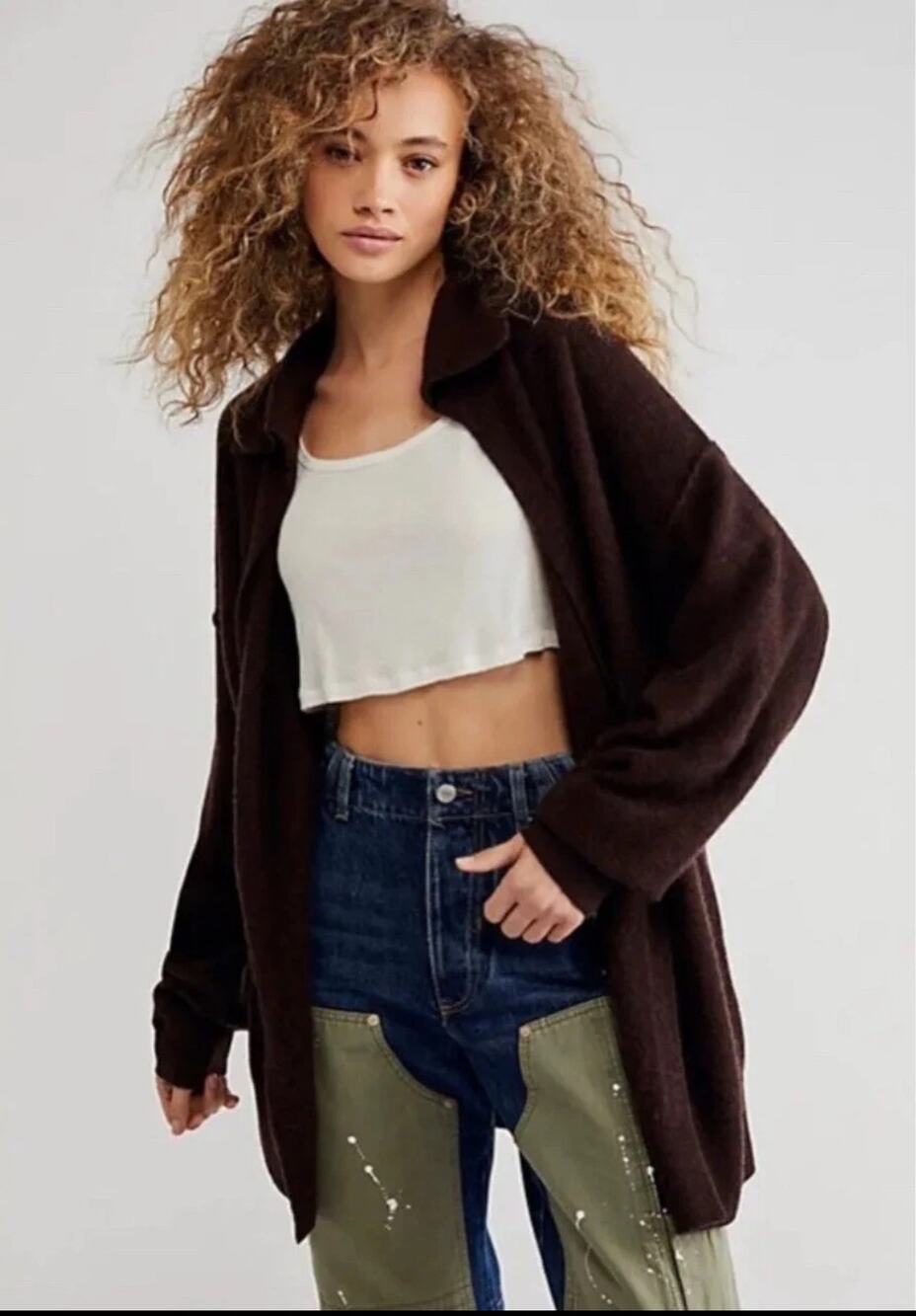 Free People Sweater Swim Too Deep Cashmere Slouchy  Brown $298 Cardigan Top